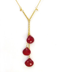 Gold Plated Sterling Silver Three Teardrop Stones Chain Necklace, Red Chalcedony