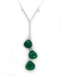 Sterling Silver Three Teardrop Stones Chain Necklace, Green Onyx
