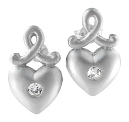 Sterling Silver Heart and Sparking Crystal Matte Finish Post Earrings