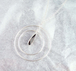 Sterling Silver Two Circles Charm Teardrop Crystal Center Chain Necklace, Black