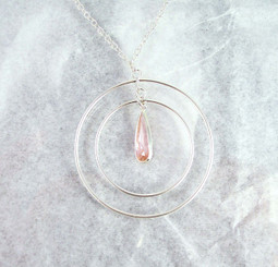 Sterling Silver Two Circles Charm Teardrop Crystal Center Chain Necklace, Champagne