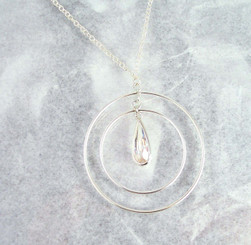 Sterling Silver Two Circles Charm Teardrop Crystal Center Chain Necklace, Clear
