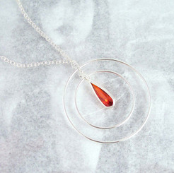 Sterling Silver Two Circles Charm Teardrop Crystal Center Chain Necklace, Red