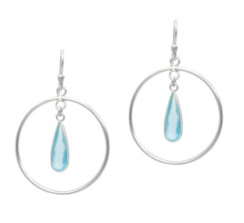 Sterling Silver Circle Charm Teardrop Crystal Center Earrings, Aqua