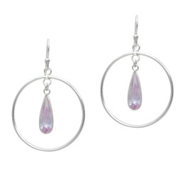 Sterling Silver Circle Charm Teardrop Crystal Center Earrings, Lavender