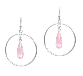 Sterling Silver Circle Charm Teardrop Crystal Center Earrings, Pink