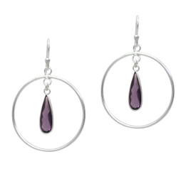 Sterling Silver Circle Charm Teardrop Crystal Center Earrings, Purple