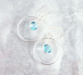 Sterling Silver Circle Charm Round Crystal Center Earrings, Aqua