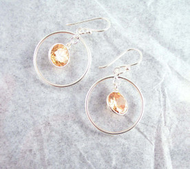 Sterling Silver Circle Charm Round Crystal Center Earrings, Champagne