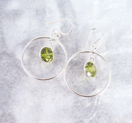 Sterling Silver Circle Charm Round Crystal Center Earrings, Olive