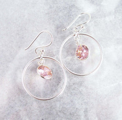 Sterling Silver Circle Charm Round Crystal Center Earrings, Pink