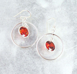 Sterling Silver Circle Charm Round Crystal Center Earrings, Red