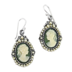 Sterling Silver "Louisa" Resin Cameo Pearlized Beads Earrings, Green