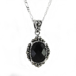 Elegant Black Sparkling Stone Marcasite Accent Sterling Pendant Necklace, 18"