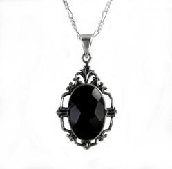 Elegant Black Crystal Art Deco Sterling Pendant Necklace, 18"