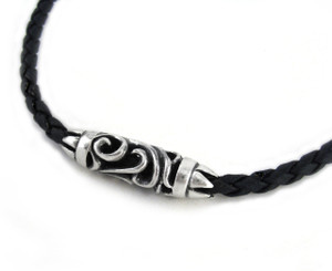 Sterling Silver Ornate Tube Pendant Stationed on Woven Leather Cord Necklace, 16.5"