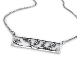 Sterling Silver Roses Flowers Cutout Rectangle Frame Station Necklace