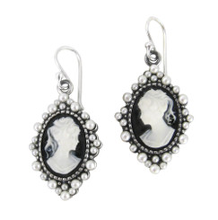 Sterling Silver "Grace" Resin Cameo and Pearlized Beads Frame Earrings, Black
