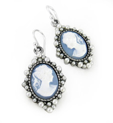 Sterling Silver "Grace" Resin Cameo and Pearlized Beads Frame Earrings, Blue