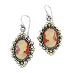 Sterling Silver "Grace" Resin Cameo and Pearlized Beads Frame Earrings, Salmon
