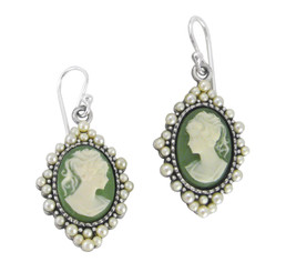 Sterling Silver "Grace" Resin Cameo and Pearlized Beads Frame Earrings, Green