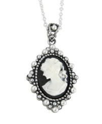 Sterling Silver Resin Cameo and Pearlized Beads Frame Pendant Necklace, 16-18" Black