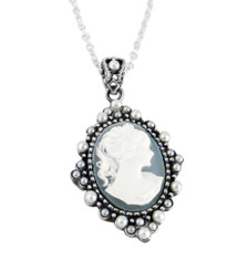 Sterling Silver Resin Cameo and Pearlized Beads Frame Pendant Necklace, 16-18" Blue