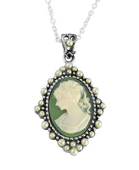Sterling Silver Resin Cameo and Pearlized Beads Frame Pendant Necklace, 16-18" Green