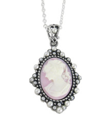 Sterling Silver Resin Cameo and Pearlized Beads Frame Pendant Necklace, 16-18" Lavender
