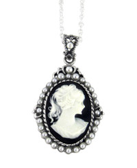 Sterling Silver "Blythe" Resin Cameo and Pearlized Beads Frame Pendant Necklace, 16-18" Black
