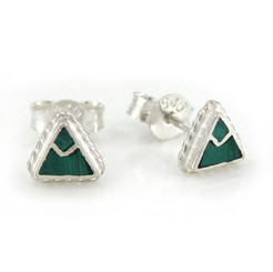 Sterling Silver Stone Inlay Triangle Everyday "Mara" Stud Post Earrings, Malachite