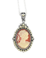 Sterling Silver "Blythe" Resin Cameo and Pearlized Beads Frame Pendant Necklace, 16-18" Salmon