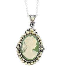Sterling Silver "Blythe" Resin Cameo and Pearlized Beads Frame Pendant Necklace, 16-18" Green