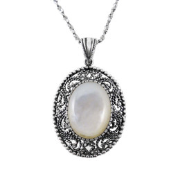 Sterling Silver Stone Filigree Frame Necklace, White Mother-of-Pearl