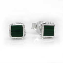 Sterling Silver Stone Inlay Square Stud Twist Rope Post Earrings, Malachite 4mm