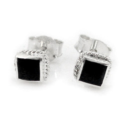 Sterling Silver Stone Inlay Square Stud Twist Rope Post Earrings, Onyx 4mm