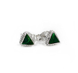 Sterling Silver Triangle Stone Inlay Rope Design Stud Post Earrings, Malachite