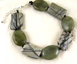 Stone Knotted Sterling Silver Bracelet, Webbed Jasper