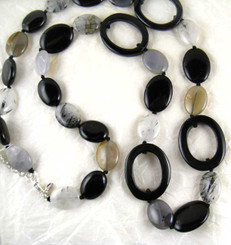 Oval Carved Stone Strand Necklace, Black Agate Combo