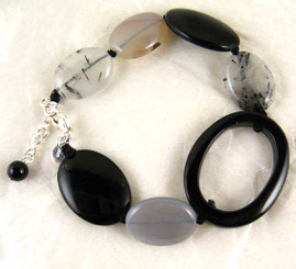 Oval Carved Stone Sterling Silver Bracelet, Black Agate Combo