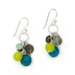 Stone Cluster Beads on Circle Link Sterling Silver Drop Earrings, Blue Quartz Combo