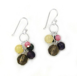 Stone Cluster Beads on Circle Link Sterling Silver Drop Earrings, Smoky Combo