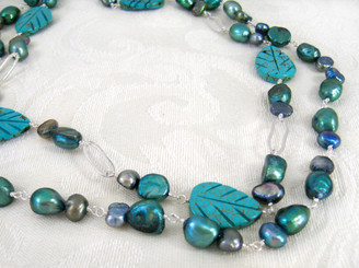 Double Strand Stone Carved Leave Sterling Silver Necklace, Blue Howlite