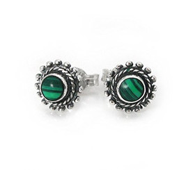 Sterling Silver Round Stone Inlay "Elle" Everyday Stud Post Earrings, Malachite