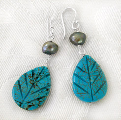 Carved Leave Stone Sterling Silver Drop Earrings, Blue Howlite