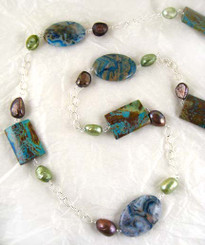 Stones and Pearl Link Sterling Silver Necklace, Blue Calsilica Jasper Combo