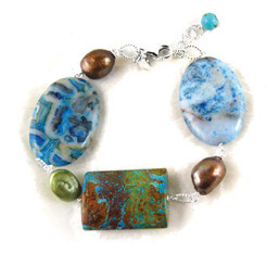 Stones and Pearl Link Sterling Silver Bracelet, Blue Calsilica Jasper