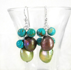 Stones and Pearl Cluster Sterling Silver Drop Earrings