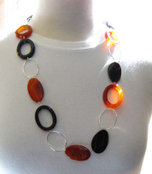 Oval Carved Stone Strand Link Sterling Silver Necklace, Carnelian Combo