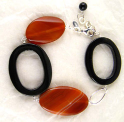 Oval Carved Stone Strand Link Sterling Silver Bracelet, Carnelian Combo